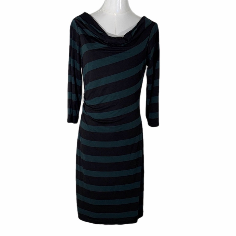 Loft Striped Black and Green Striped Cowl Neck Dress Size MT
